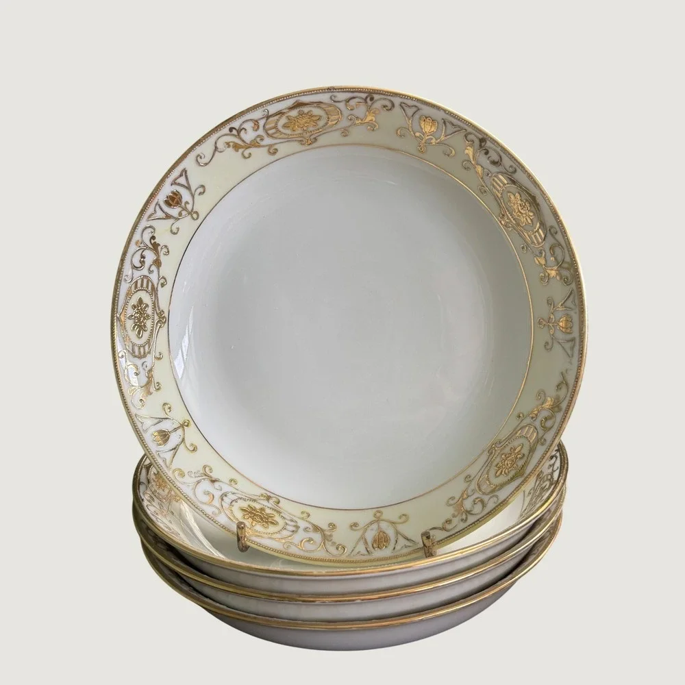 Four Vintage Noritake Christmas Ball 175 Gold Scroll Floral 7.5